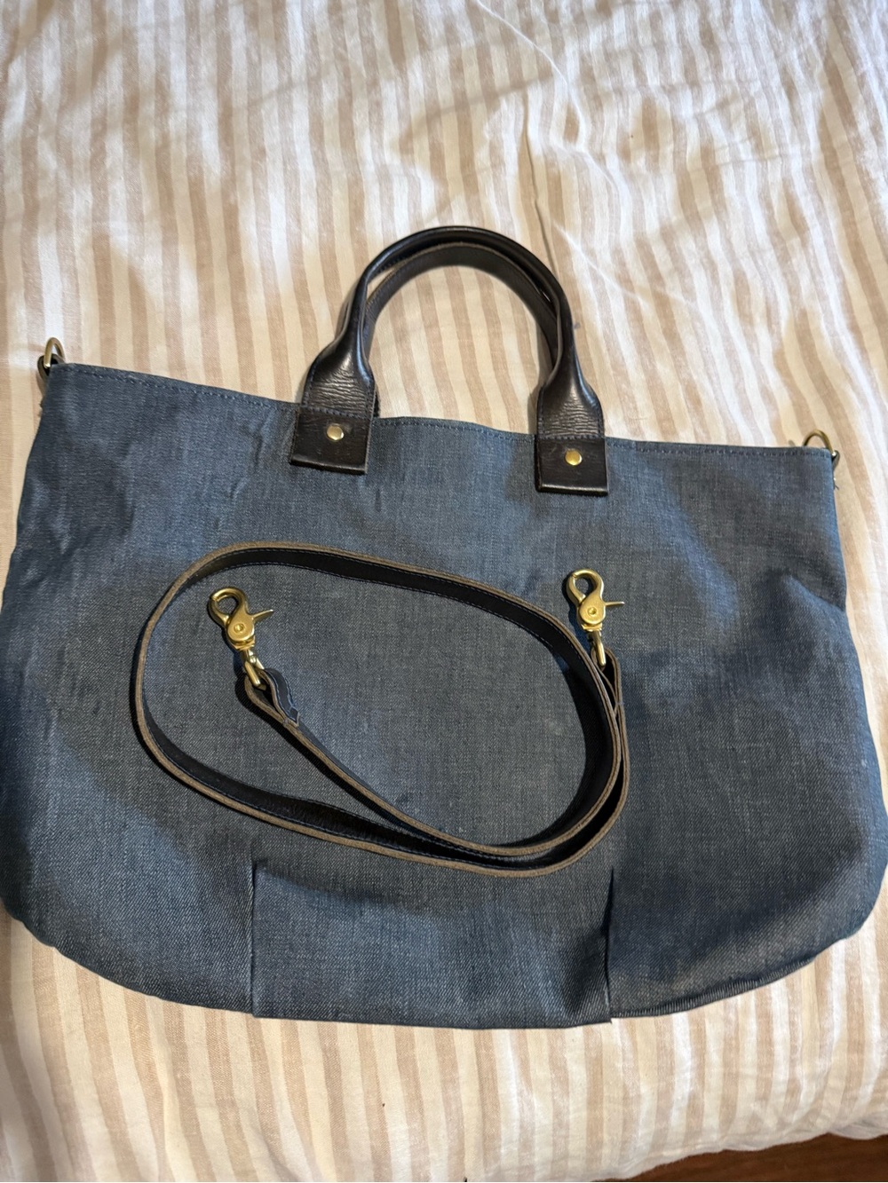 Clare V Denim Tote in Navy with Dark Leather Trim